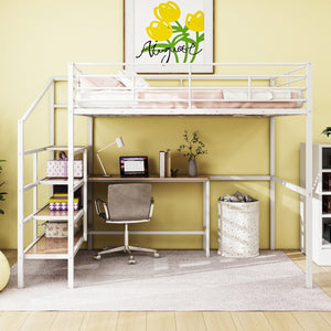 English Elm Full Metal Loft Bed with Built-In Desk, 4-Tier Lateral Ladder Storage and Slatted Guardrails for Small Spaces White SF000051AAK