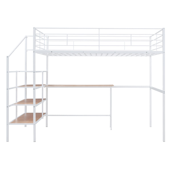 English Elm Full Metal Loft Bed with Built-In Desk, 4-Tier Lateral Ladder Storage and Slatted Guardrails for Small Spaces White SF000051AAK