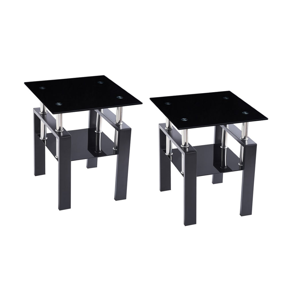 English Elm 2-piece Tempered Glass End Table Set Geometric Modern Design for Living Room Spaces W1718127063