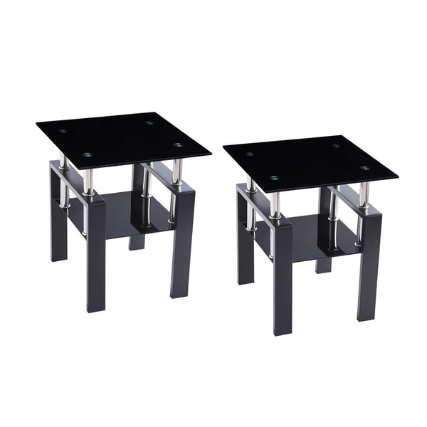 English Elm 2-piece Tempered Glass End Table Set Geometric Modern Design for Living Room Spaces W1718127063