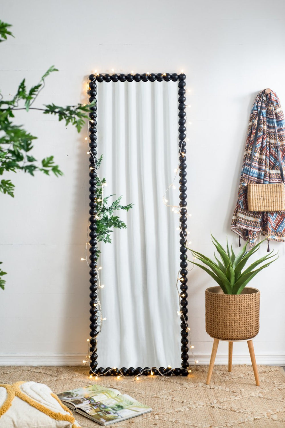 English Elm 23" Iron Beaded Frame Full Length Floor Mirror Sculptural Black Leaner for Bedroom W2078135197