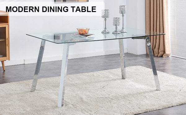 English Elm Modern Tempered Glass Rectangular Dining Table with Matte Black Legs Seats Six W1151S00427
