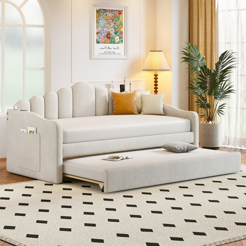 English Elm Twin Velvet Upholstered Daybed with Pull Out Trundle and Built in Usb Charging N733S382368A