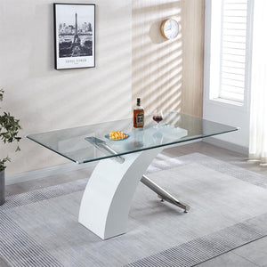 English Elm Stylish Glass Top Dining Table with Chrome Accents and Lacquer Base Seats Six W1311S00012