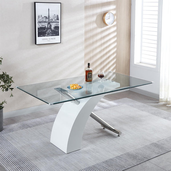 English Elm Stylish Glass Top Dining Table with Chrome Accents and Lacquer Base Seats Six W1311S00012