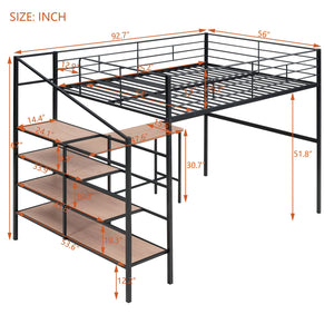 English Elm Full Metal Loft Bed with Built-In Desk, 4-Tier Lateral Ladder Storage and Slatted Guardrails for Small Spaces Black SF000051AAB