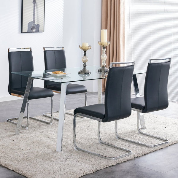 English Elm Modern Tempered Glass Rectangular Dining Table with Matte Black Legs Seats Six W1151S00427
