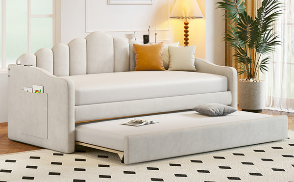 English Elm Twin Velvet Upholstered Daybed with Pull Out Trundle and Built in Usb Charging N733S382368A
