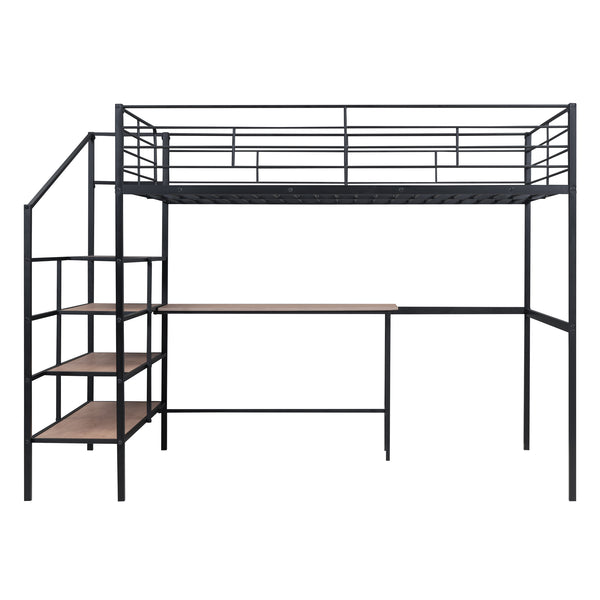 English Elm Full Metal Loft Bed with Built-In Desk, 4-Tier Lateral Ladder Storage and Slatted Guardrails for Small Spaces Black SF000051AAB