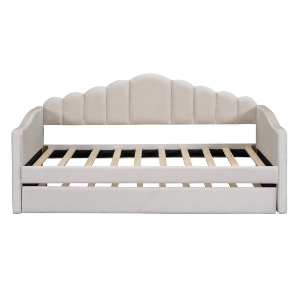 English Elm Twin Velvet Upholstered Daybed with Pull Out Trundle and Built in Usb Charging N733S382368A
