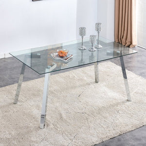 English Elm Modern Tempered Glass Rectangular Dining Table with Matte Black Legs Seats Six W1151S00427