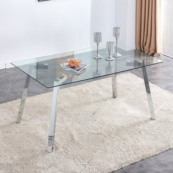 English Elm Modern Tempered Glass Rectangular Dining Table with Matte Black Legs Seats Six W1151S00427