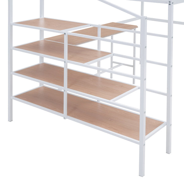 English Elm Full Metal Loft Bed with Built-In Desk, 4-Tier Lateral Ladder Storage and Slatted Guardrails for Small Spaces White SF000051AAK