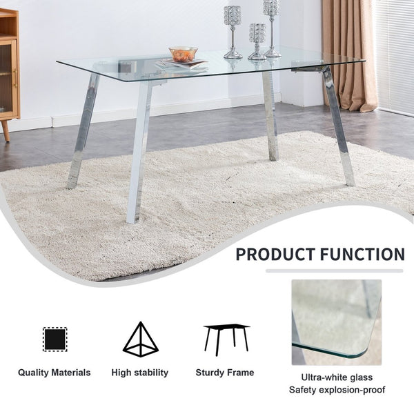 English Elm Modern Tempered Glass Rectangular Dining Table with Matte Black Legs Seats Six W1151S00427