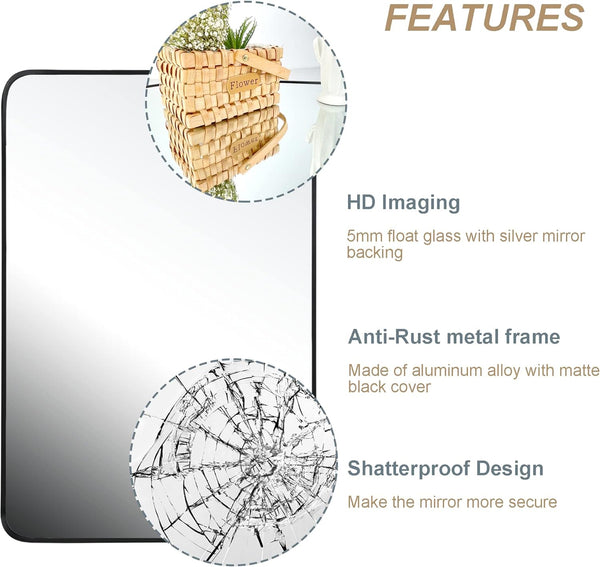 English Elm 24x32 Black Metal Framed Rectangular Mirror for Wall - 4mm HD Shatterproof Glass, Rust‑Resistant Frame W2203P302676
