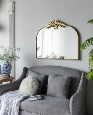 English Elm 39.5" Gold Arched Wall Mirror with Ornamental Iron Frame for Bedroom or Entryway W2078135192