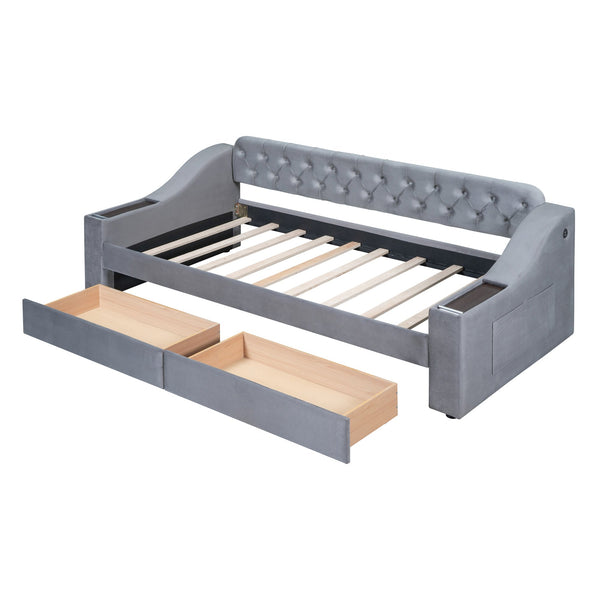 English Elm Twin Upholstered Daybed with Button-Tufted Headboard, Dual USB Ports & Two Large Storage Drawers Gray SF000048AAE