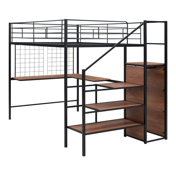 English Elm Full Metal Loft Bed with Built-In L Desk, 3-Tier Ladder Shelves and Under-Ladder Wardrobe Space, Durable Black SF000024AAB