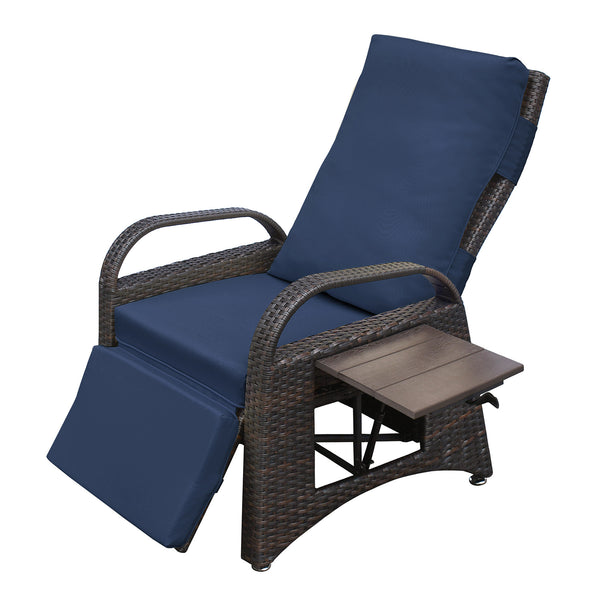 English Elm Outdoor Recliner Chair with Hand-Woven HDPE Rattan, Built-In Side Table, Buckle Recline Comfort Navy Blue W1889P177602