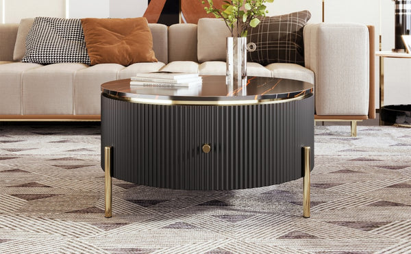 English Elm Modern Marble Pattern Round Coffee Table with Gold Legs and Two Storage Drawers WF311606AAB