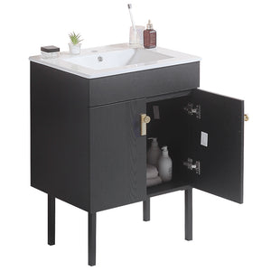 English Elm 24''Bathroom wall-mounted vanity with metal kickstand, solid wood compact design, glossy ceramic sink Black W1882127199