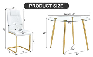 English Elm Table Set - Modern Circular Dining Table With Glass Top & Gold-Plated Legs, 4 White Pu Cushions W1151S03978-GIGA