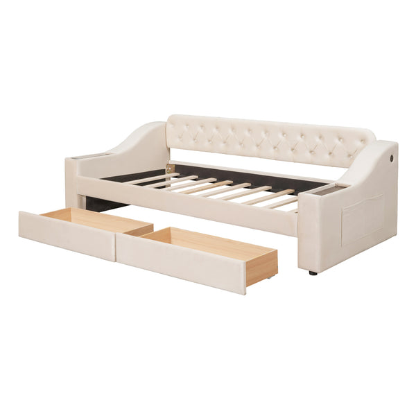 English Elm Twin Upholstered Daybed with Button-Tufted Headboard, Dual USB Ports & Two Large Storage Drawers Beige SF000048AAA