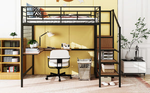 English Elm Full Metal Loft Bed with Built-In L Desk, 3-Tier Ladder Shelves and Under-Ladder Wardrobe Space, Durable Black SF000024AAB