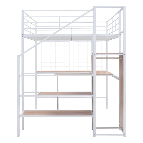 English Elm Full Metal Loft Bed with Built-In L Desk, 3-Tier Ladder Shelves and Under-Ladder Wardrobe Space, Durable White SF000024AAK