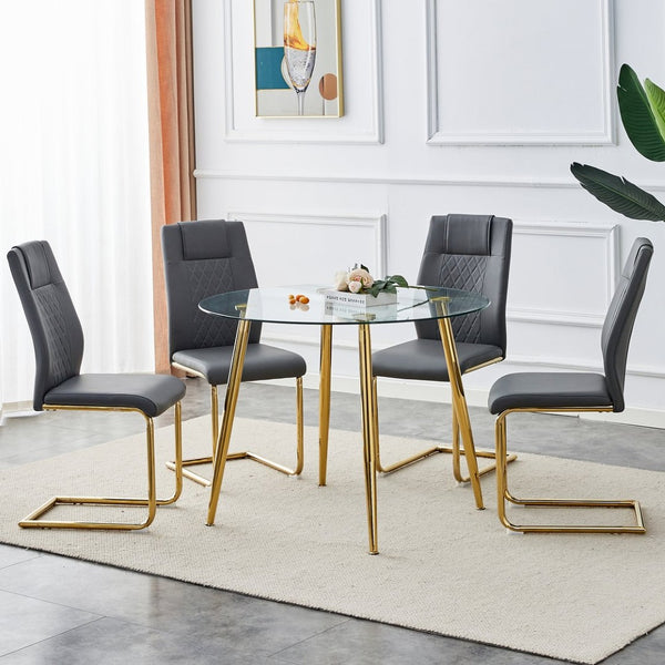 English Elm Table Set - Contemporary Round Glass Dining Table With Gold-Plated Legs & 4 Gray Pu Cushions, Stylish! W1151S03976-GIGA
