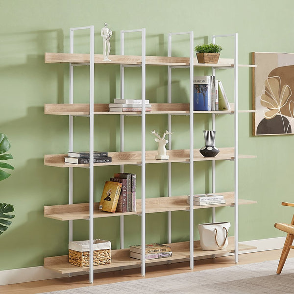 English Elm 5 Tier Bookcase Industrial Open Bookshelf with MDF Boards & Steel Frame, 5 Shelves, 80lb Capacity Each White+Oak N725P247766C