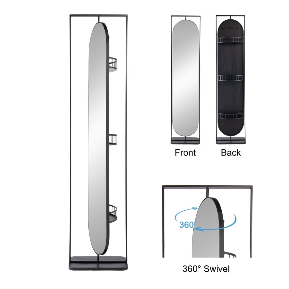 English Elm 18" Full Length Swivel Floor Mirror with Hidden Storage Shelves Matte Black Iron Frame W2078135283