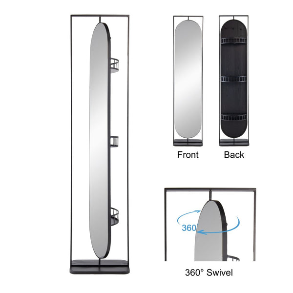 English Elm 18" Full Length Swivel Floor Mirror with Hidden Storage Shelves Matte Black Iron Frame W2078135283