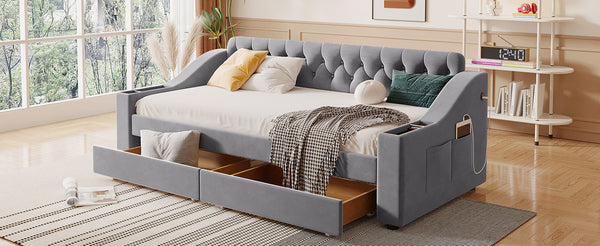 English Elm Twin Upholstered Daybed with Button-Tufted Headboard, Dual USB Ports & Two Large Storage Drawers Gray SF000048AAE