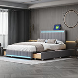 Full Size Upholstered Bed with Led Light and 4 Drawers,  Modern Platform Bed with a Set Of Sockets and Usb Ports, Linen Fabric