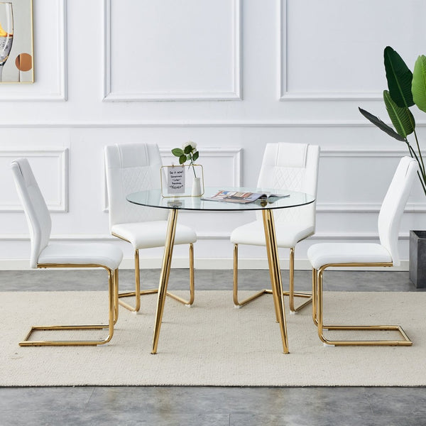 English Elm Table Set With 40-Inch Glass Top, Gold-Plated Legs & 4 White Cushioned Chairs For Modern Dining W1151S00480-GIGA