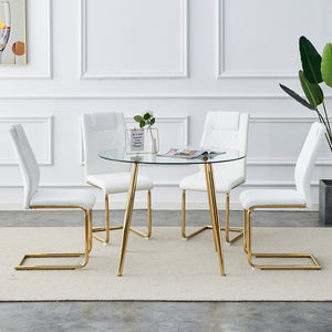 English Elm Table Set - Modern Circular Dining Table With Glass Top & Gold-Plated Legs, 4 White Pu Cushions W1151S03978-GIGA