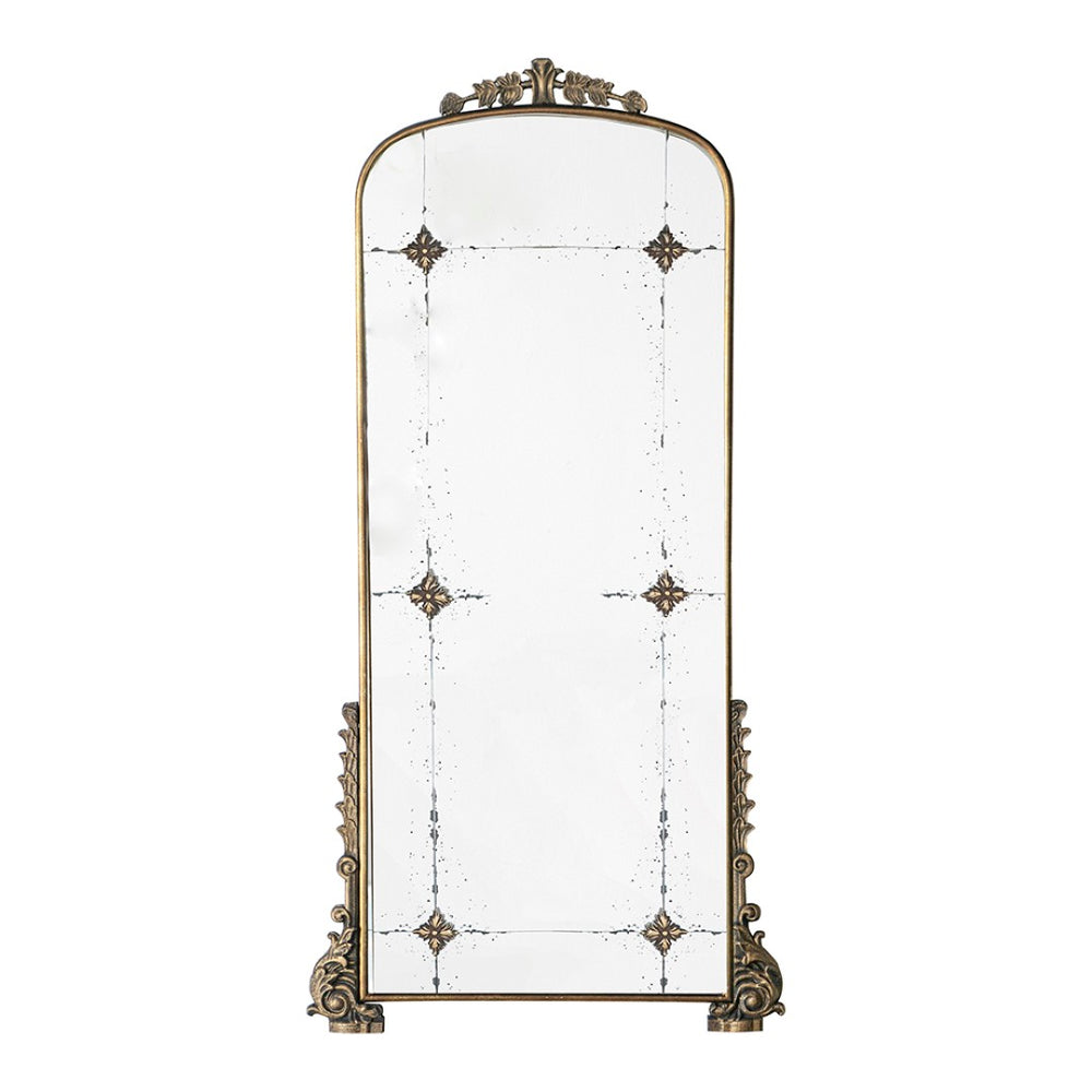 English Elm 24" Antique Gold Arched Full Length Mirror Baroque Relief Iron Frame Entryway Accent W2078135281