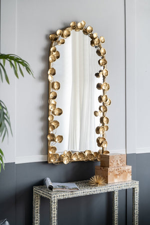 English Elm 51.5" Arched Iron Full Length Mirror with Organic Golden Leaf Frame Accent W2078135191