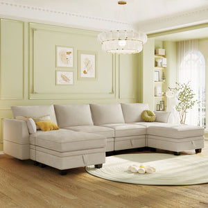 English Elm Sofa Modular Sectional with Hidden Storage Linen Upholstery and Convertible Ottoman Seating WF312293AAA