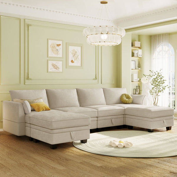 English Elm U_style Modular U-shaped Sectional with Storage Seats Convertible Sleeper Linen Sofa WF312294AAA