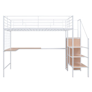 English Elm Full Metal Loft Bed with Built-In L Desk, 3-Tier Ladder Shelves and Under-Ladder Wardrobe Space, Durable White SF000024AAK