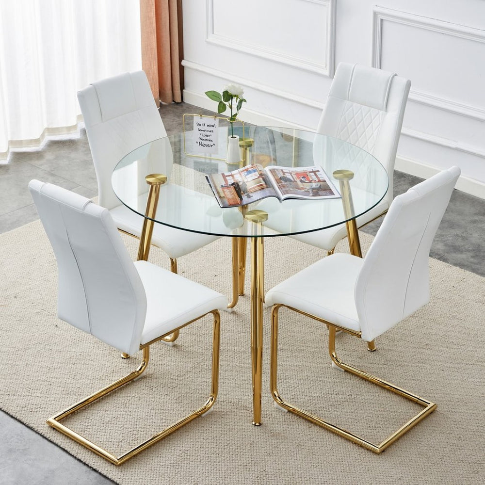 English Elm Table Set With 40-Inch Glass Top, Gold-Plated Legs & 4 White Cushioned Chairs For Modern Dining W1151S00480-GIGA