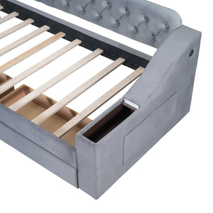 English Elm Twin Upholstered Daybed with Button-Tufted Headboard, Dual USB Ports & Two Large Storage Drawers Gray SF000048AAE