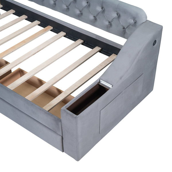 English Elm Twin Upholstered Daybed with Button-Tufted Headboard, Dual USB Ports & Two Large Storage Drawers Gray SF000048AAE