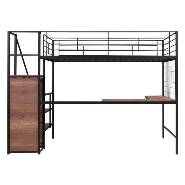 English Elm Full Metal Loft Bed with Built-In L Desk, 3-Tier Ladder Shelves and Under-Ladder Wardrobe Space, Durable Black SF000024AAB