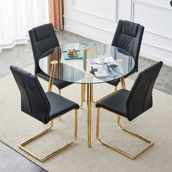 English Elm Table Set - Modern Circular Dining Table With Glass Top & Gold-Plated Legs, 4 Cushioned Chairs W1151S03977-GIGA