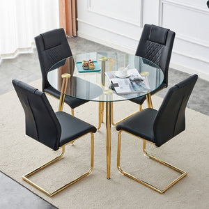 English Elm Table Set: Modern Round Glass Dining Table With Gold Legs & 4 Black Cushioned Chairs For Elegance W1151S00481-GIGA