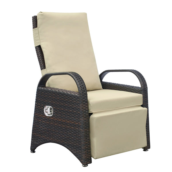 English Elm Outdoor Recliner Chair with Built-In Side Table, HDPE Wicker, UV Resistant, Adjustable Buckle Recline, Cushioned Comfort (Khaki) W1889137603