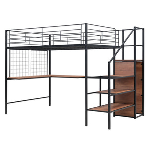 English Elm Full Metal Loft Bed with Built-In L Desk, 3-Tier Ladder Shelves and Under-Ladder Wardrobe Space, Durable Black SF000024AAB